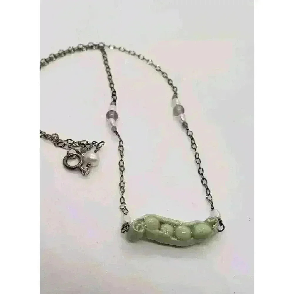 Peas In A Pod Necklace 925 Sterling Silver Pearl Amethyst Ceramic Baby Shower